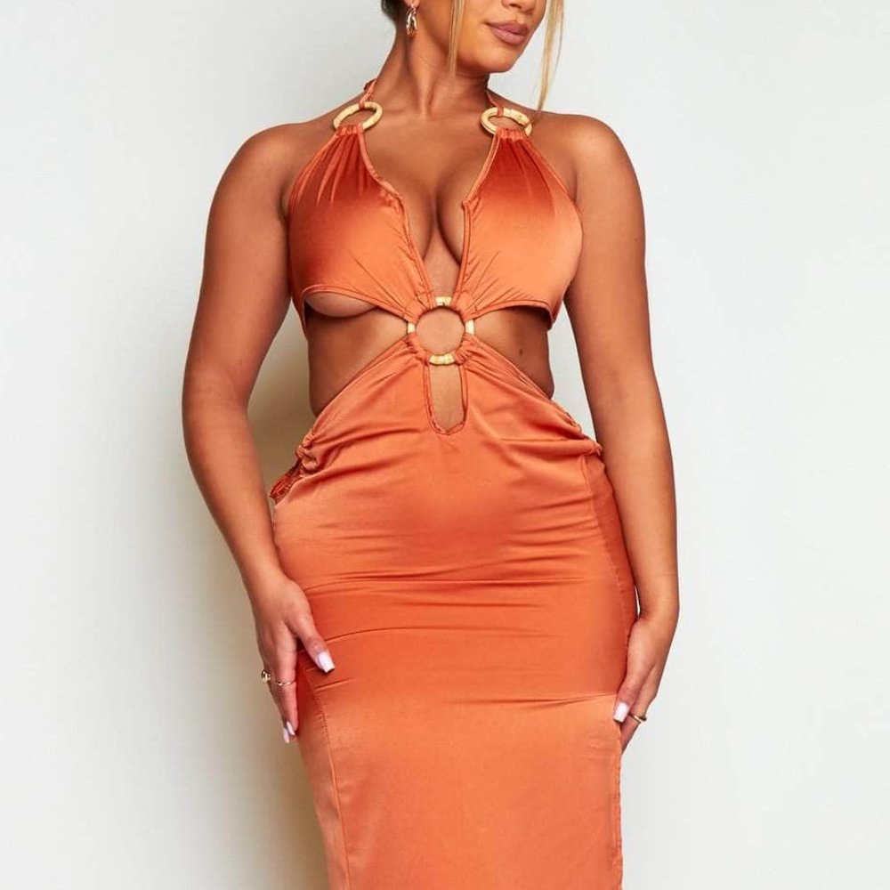 NWT PrettyLlittleThing Rust Color Satin Maxi Dress